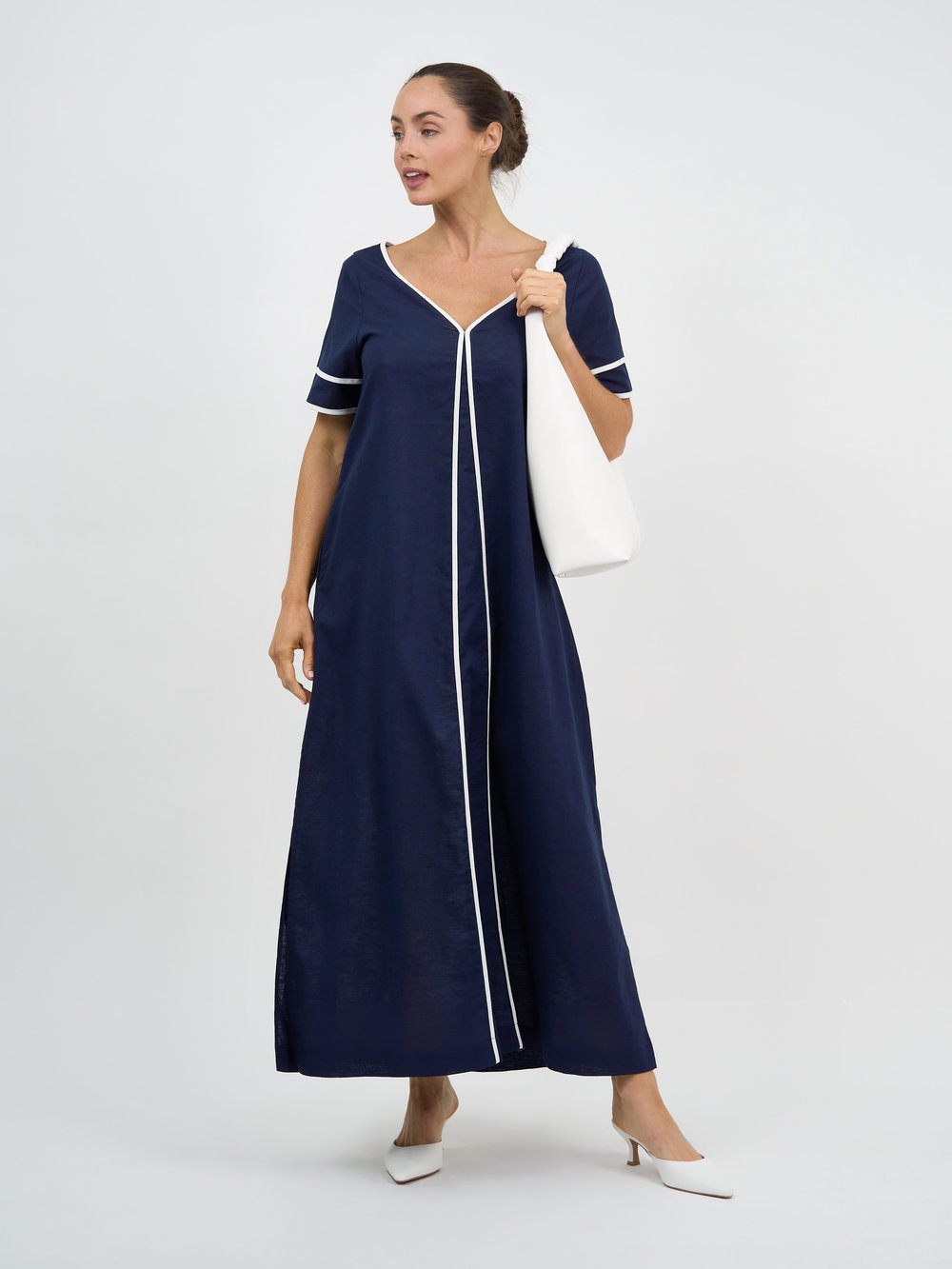 Contrast Maxi Linen Dress Navy Dresses