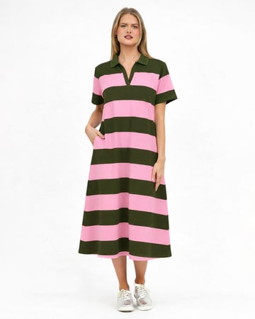 Polo Cotton Jersey Stripe Dress Khaki Liberty Rose
