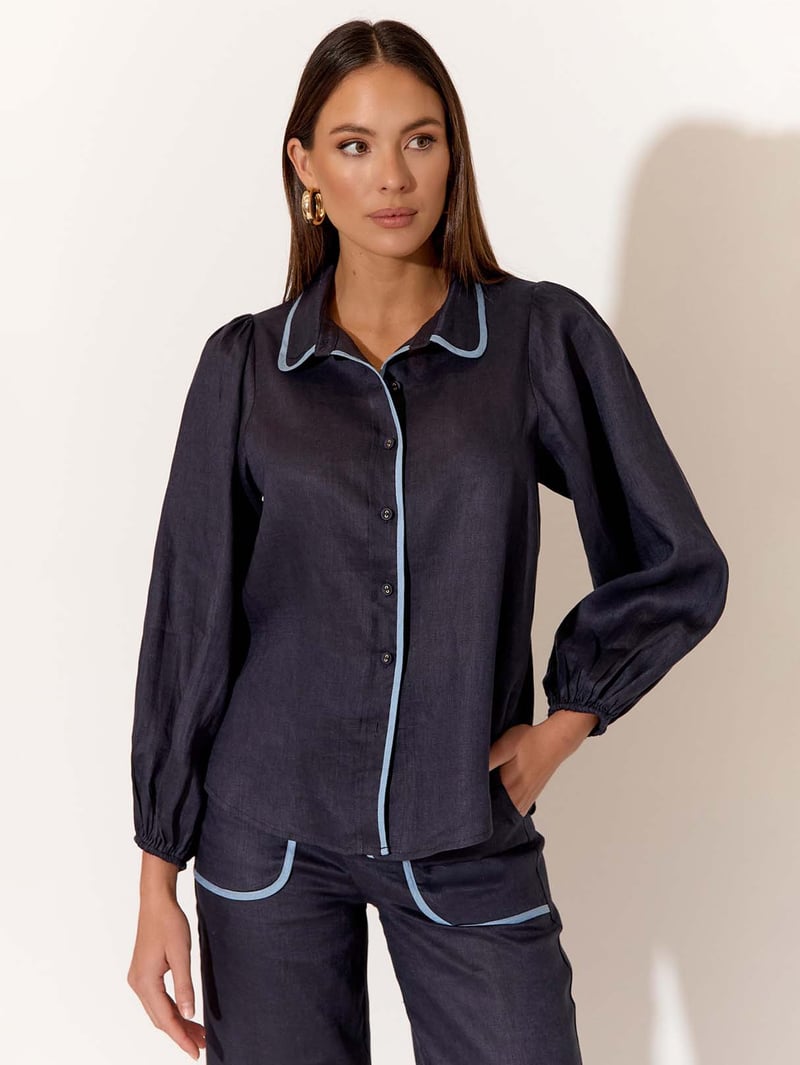 Contrast Trim Linen Shirt Navy adorne