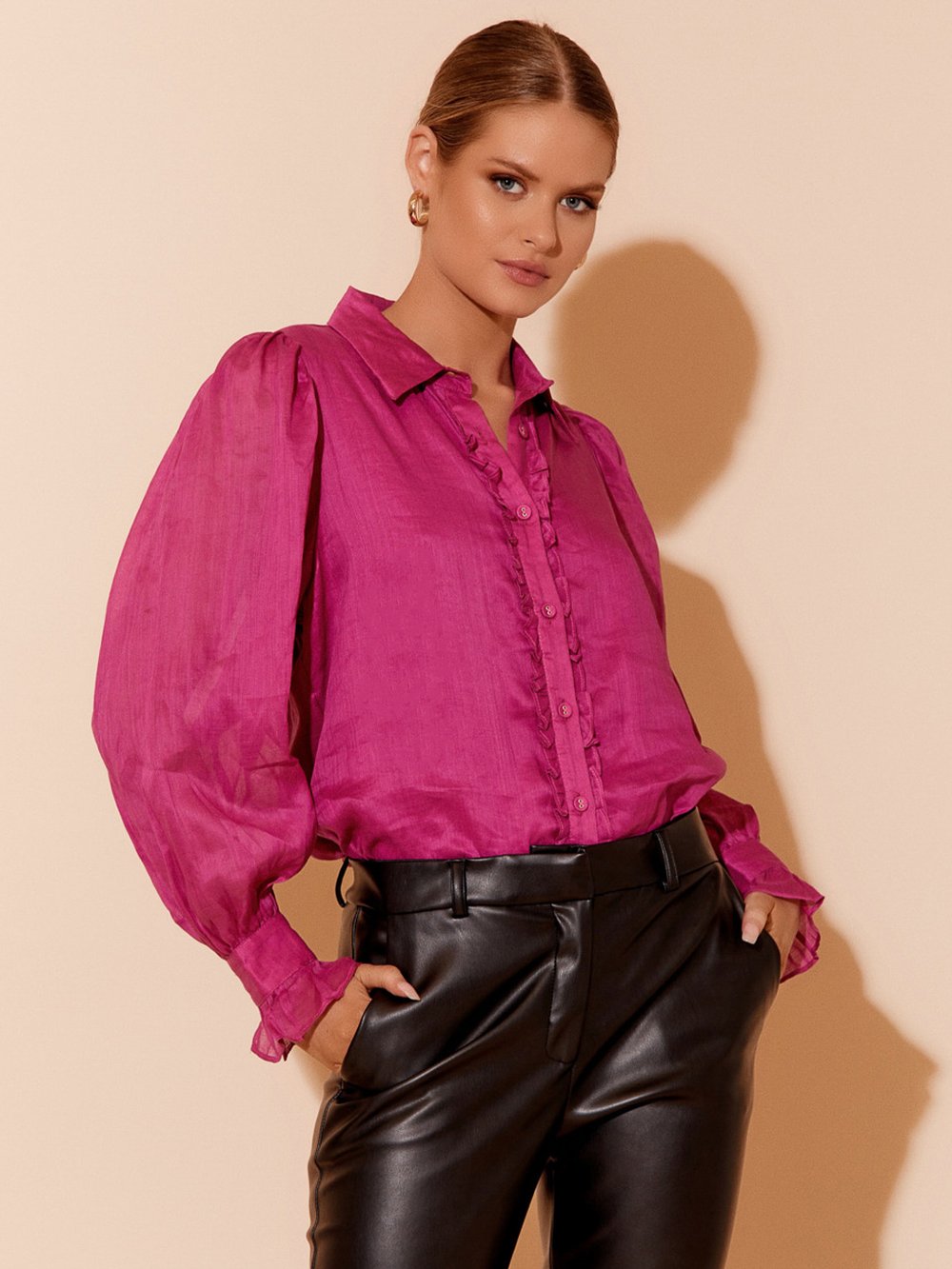 Ramie Ruffle Front Shirt Magenta adorne