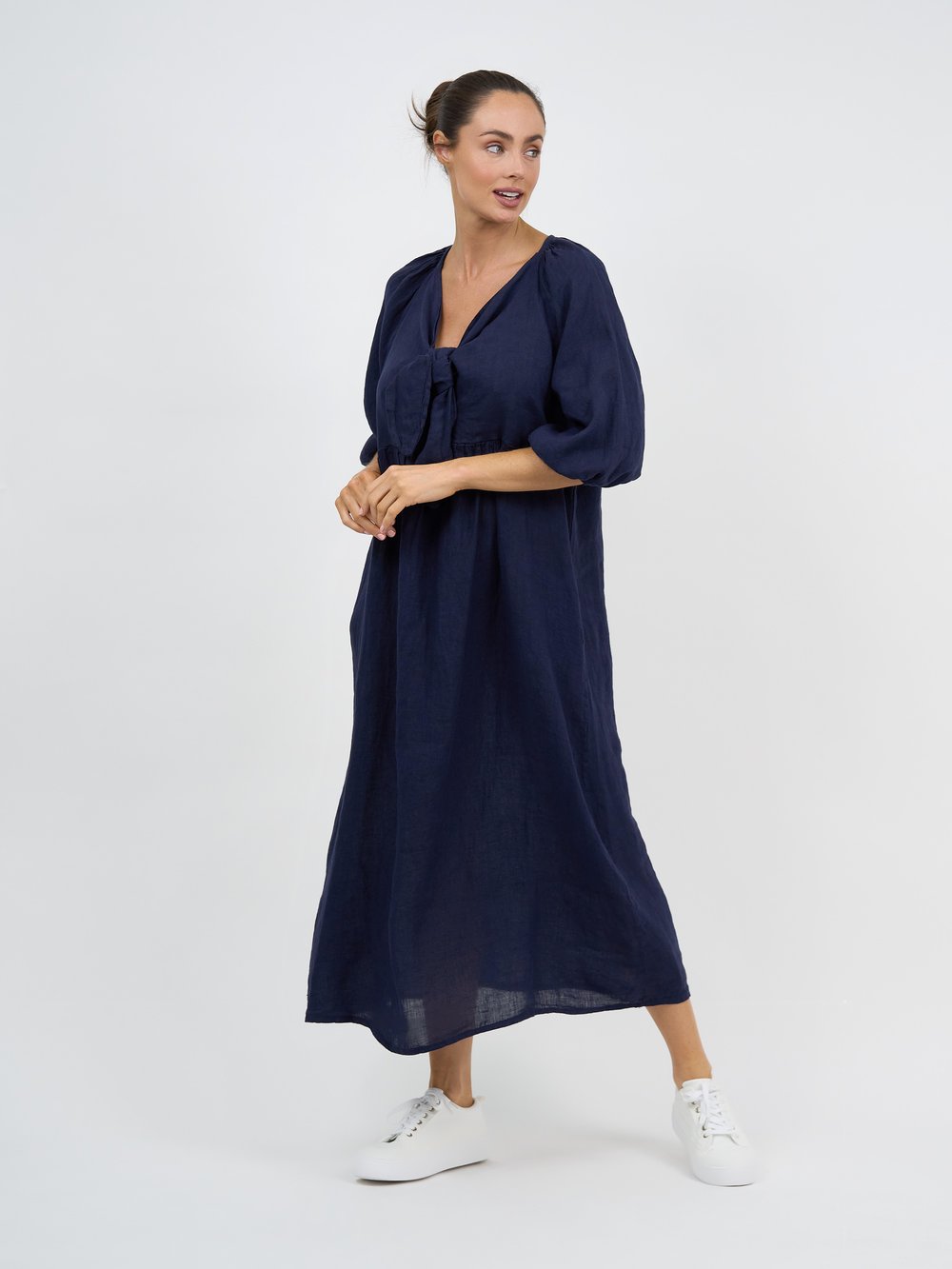 Tie Front Linen Dress Navy Dresses