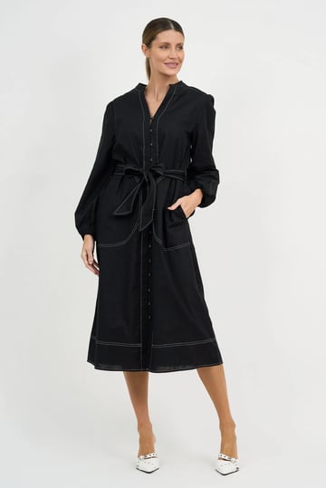 Contrast Stitch Linen Dress Black Liberty Rose