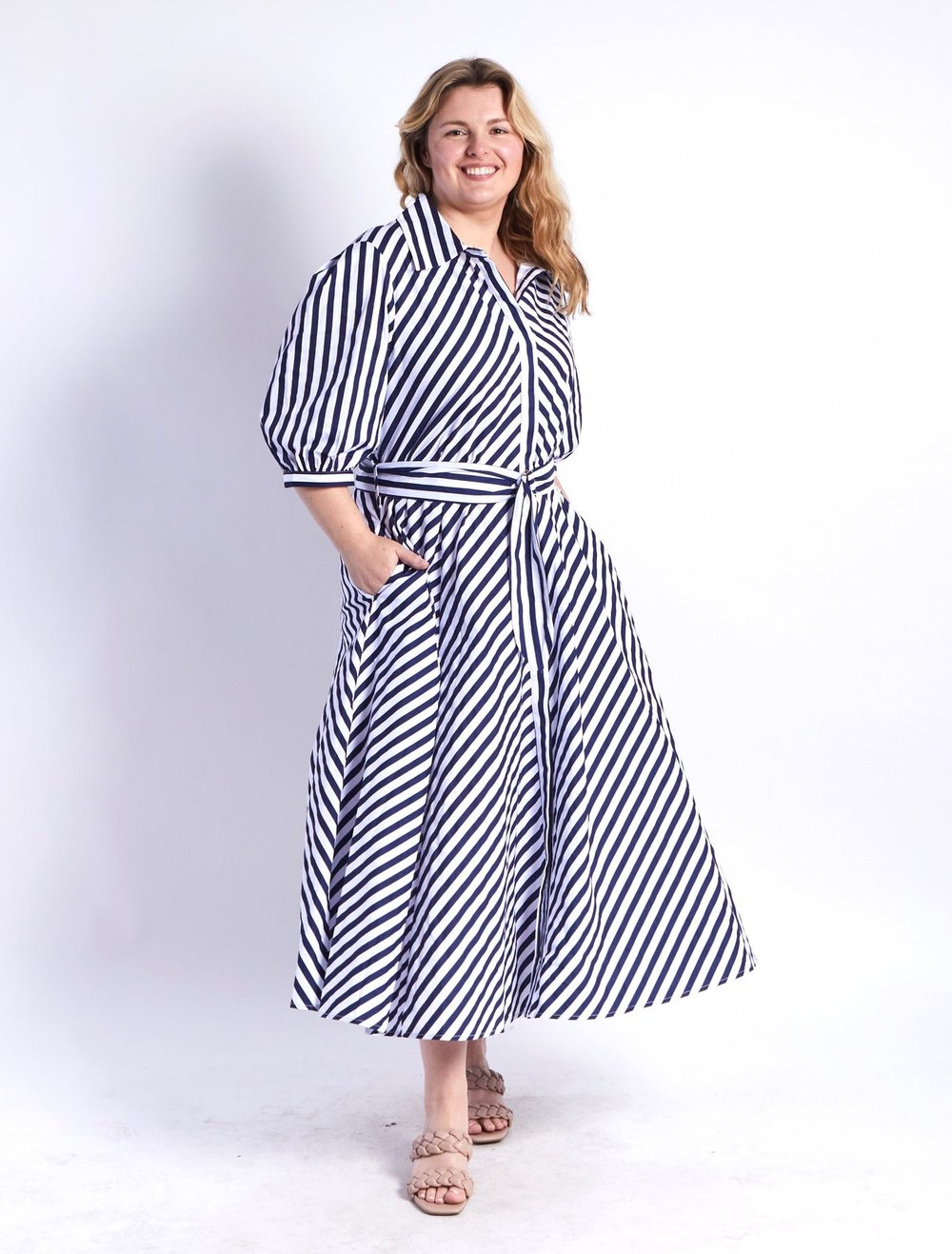 Belted A-line Dress Navy Leoni