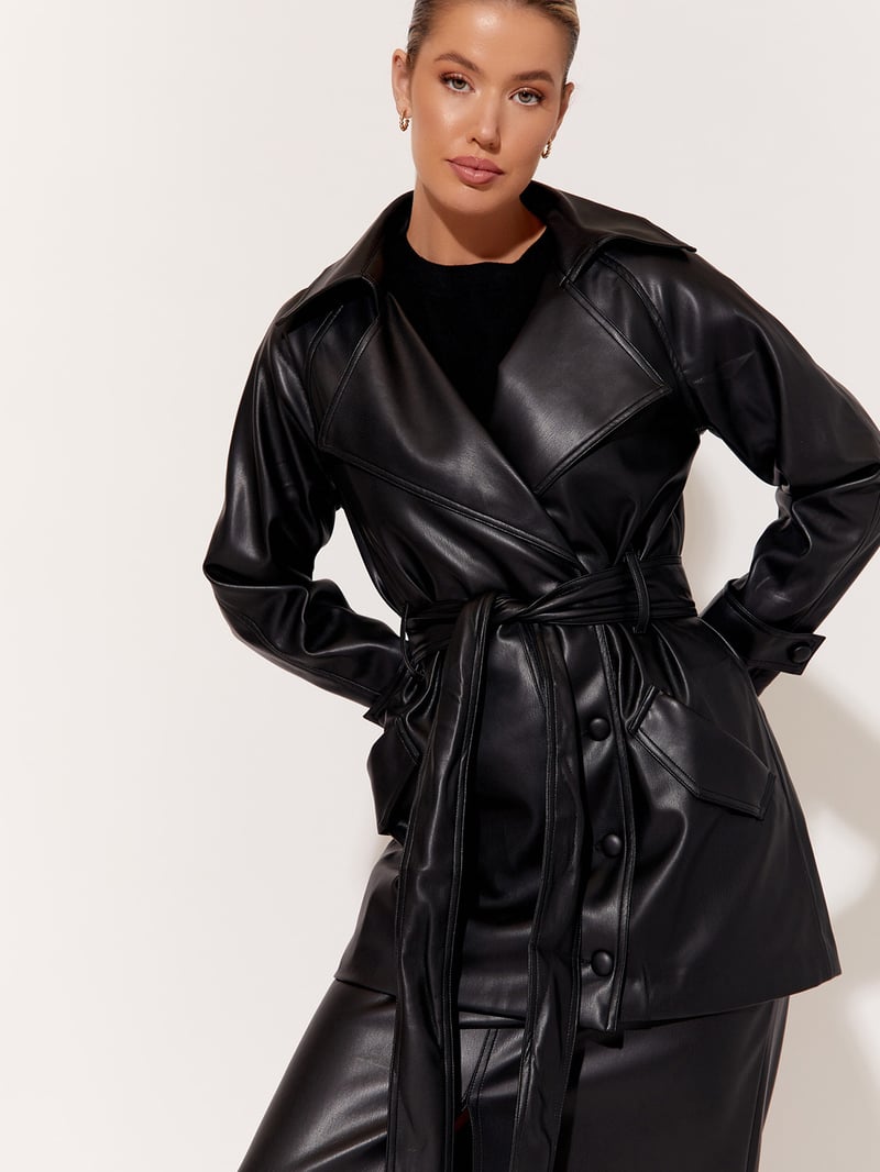 Faux Leather Wrap Coat Black adorne