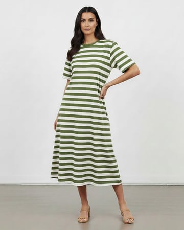 Cotton Jersey Stripe Dress Khaki Liberty Rose