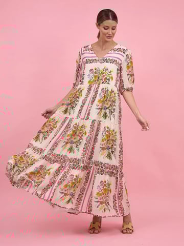Gathered Tier Dress Beige Liberty Rose