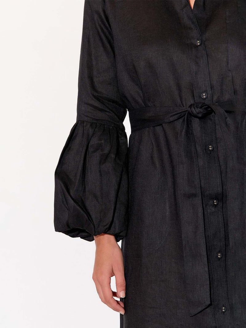 Linen Puffed Sleeve Dress Black adorne