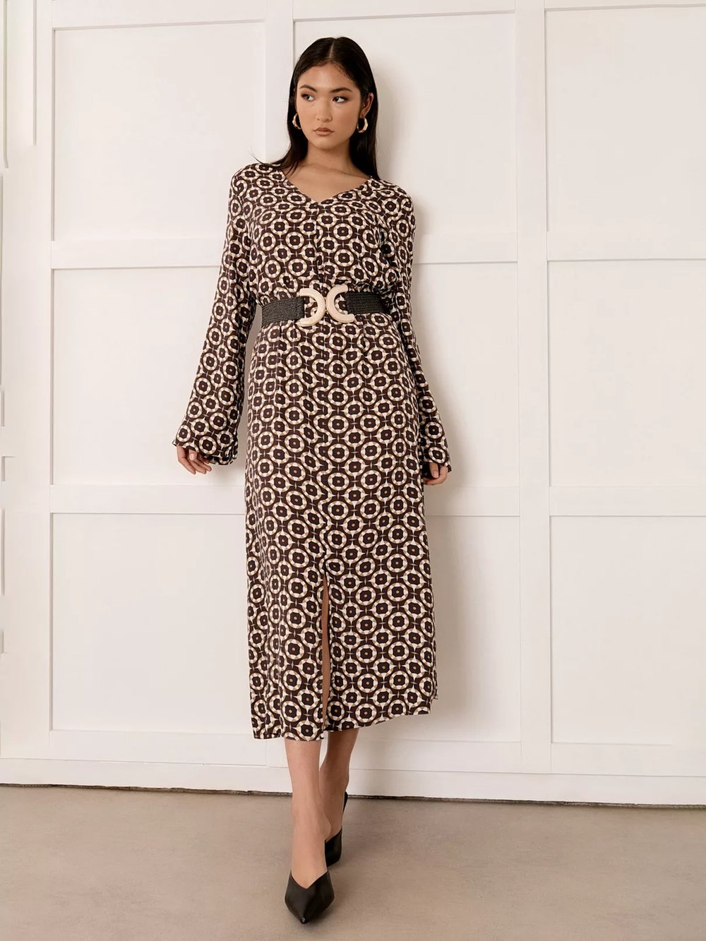 Split Sleeve Midi Dress Brown adorne