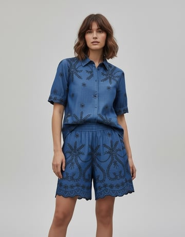 Embroidered Denim Shirt Mid Denim Liberty Rose