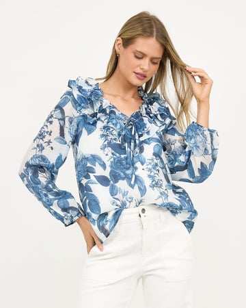 Double Frill Neck Top Blue Liberty Rose