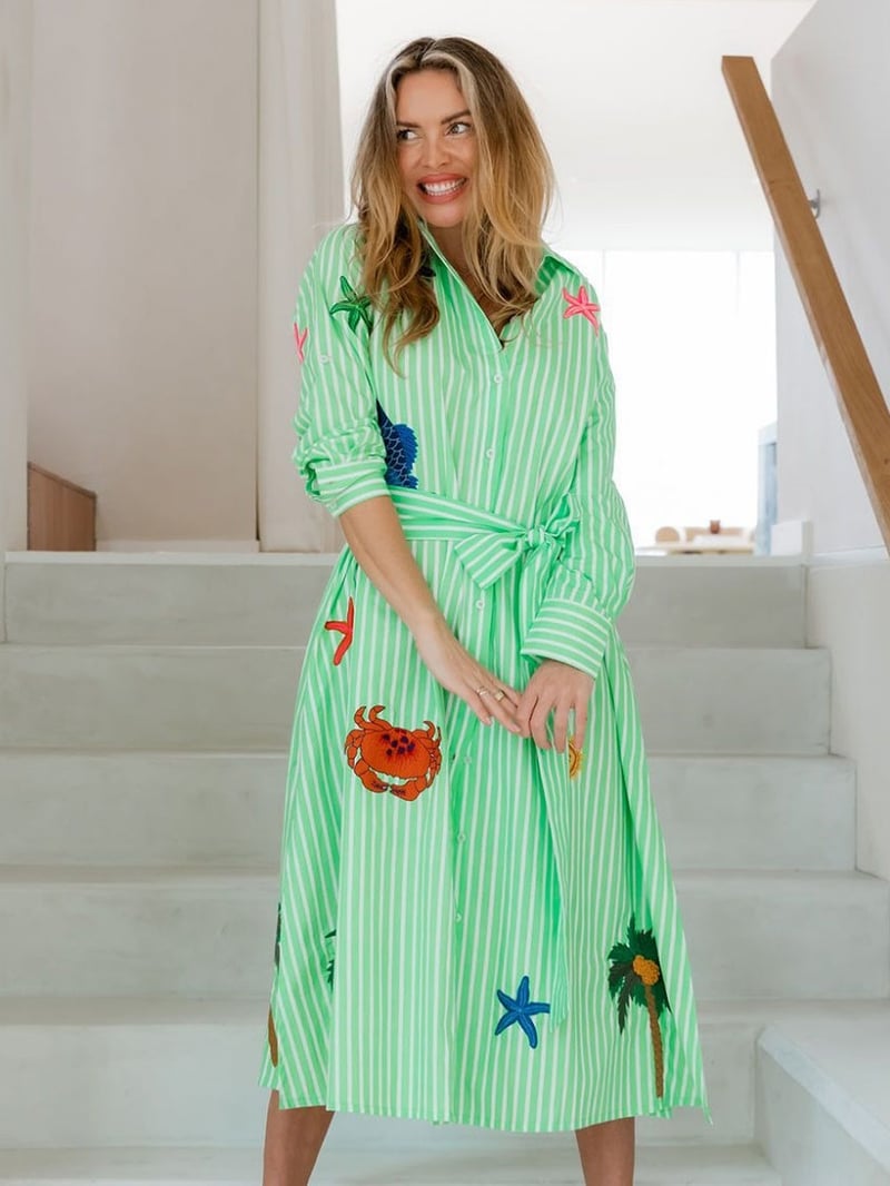 Embroidered Stripe Shirt Dress Green Cactus Rose