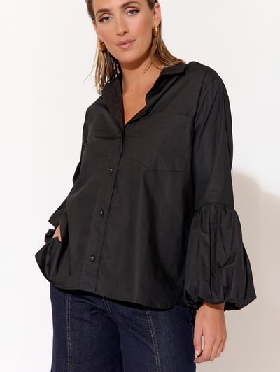 Poplin Puffed Sleeve Shirt Black adorne