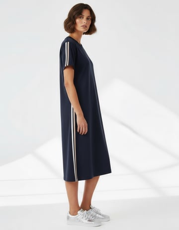 Cotton Side Stripe Jersey Dress Navy Liberty Rose