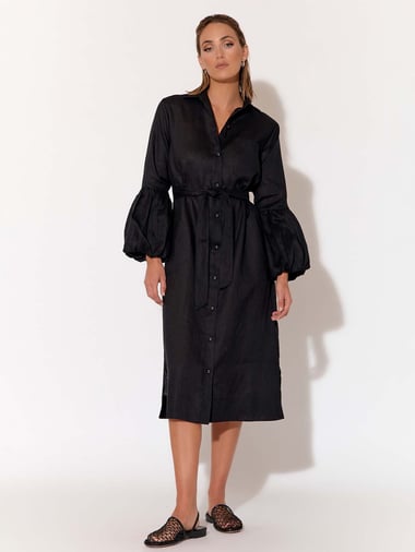 Linen Puffed Sleeve Dress Black Adorne