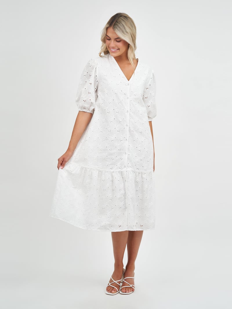 Vee Neck Broderie Dress White Liberty Rose