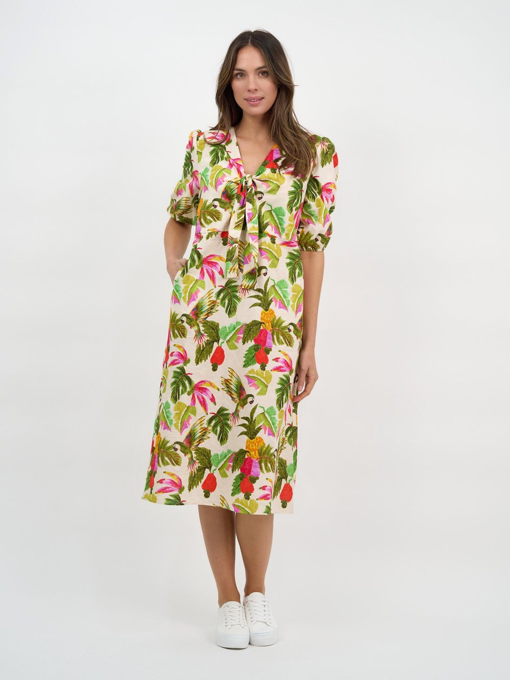 Tie Bust Linen Dress Khaki Liberty Rose