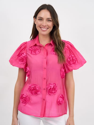 Silk Blend Flower Shirt Hot Pink La Strada