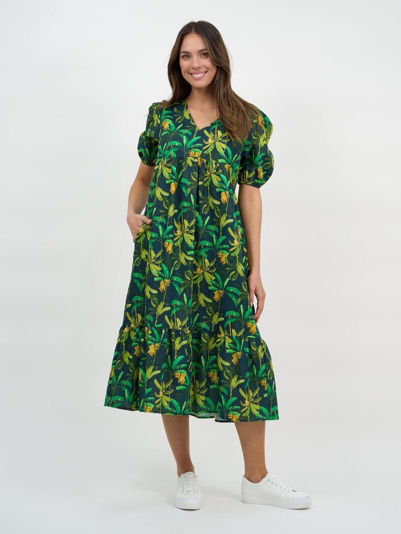 Puff Sleeve Linen Dress Green Liberty Rose