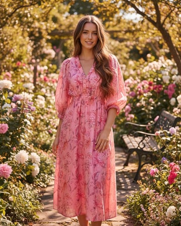 Gathered Neckline Midi Dress Pink Liberty Rose