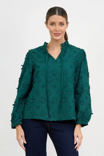 Embroidered Neck Tie Top Teal Liberty Rose