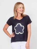 Linen Floral Applique Top Navy La Strada