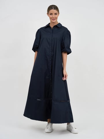 Lattice Trim Cotton Shirt Dress Navy Liberty Rose