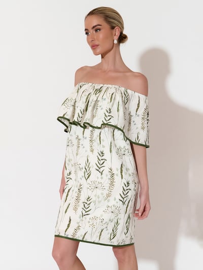 Off Shoulder Frill Dress Green adorne