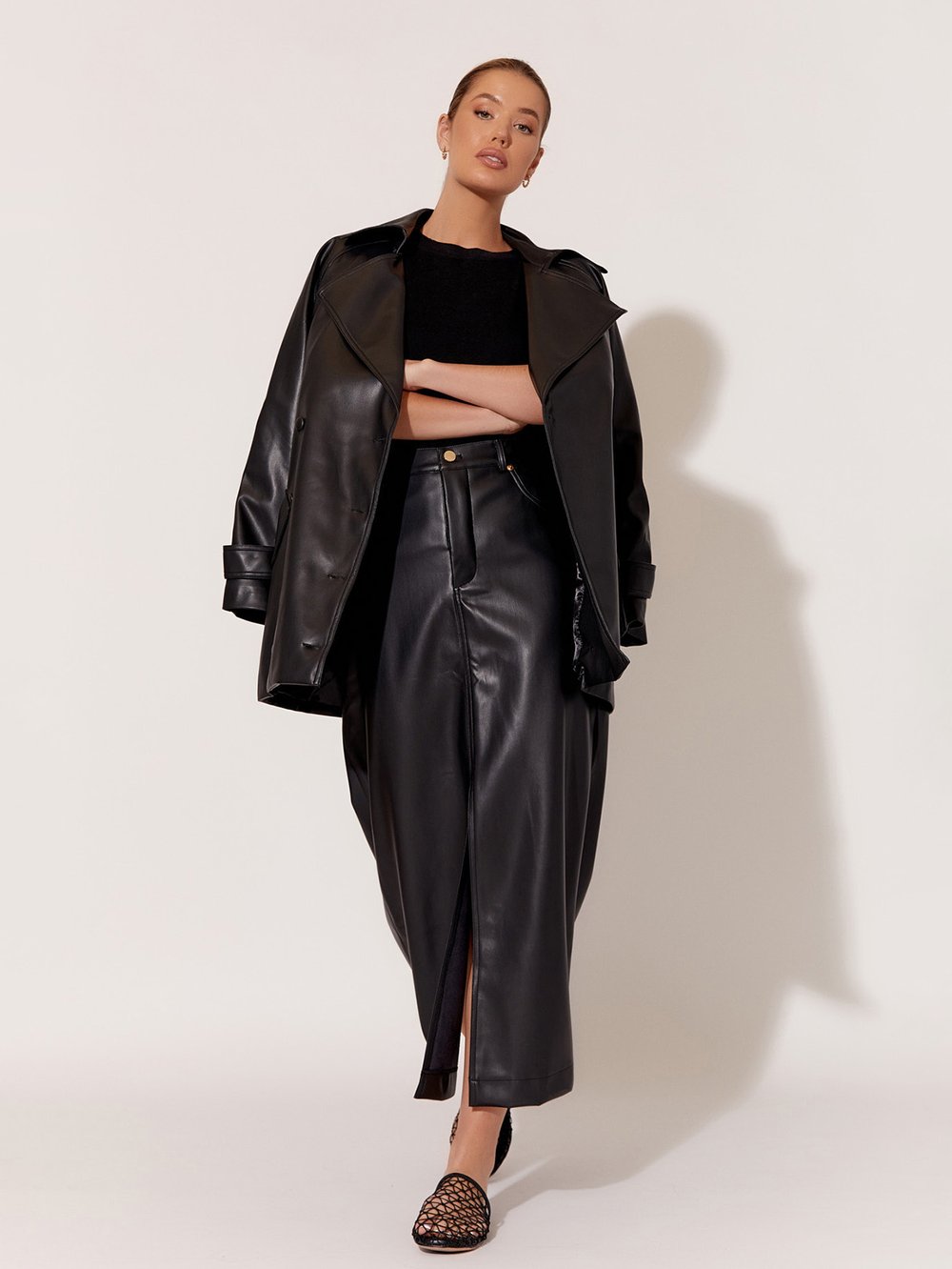 Faux Leather Wrap Coat Black adorne