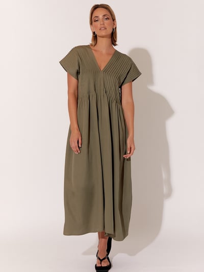 Pleat Neckline Dress Khaki adorne