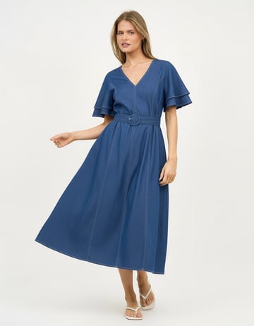 Denim Frilled Sleeve Dress Light Denim Liberty Rose