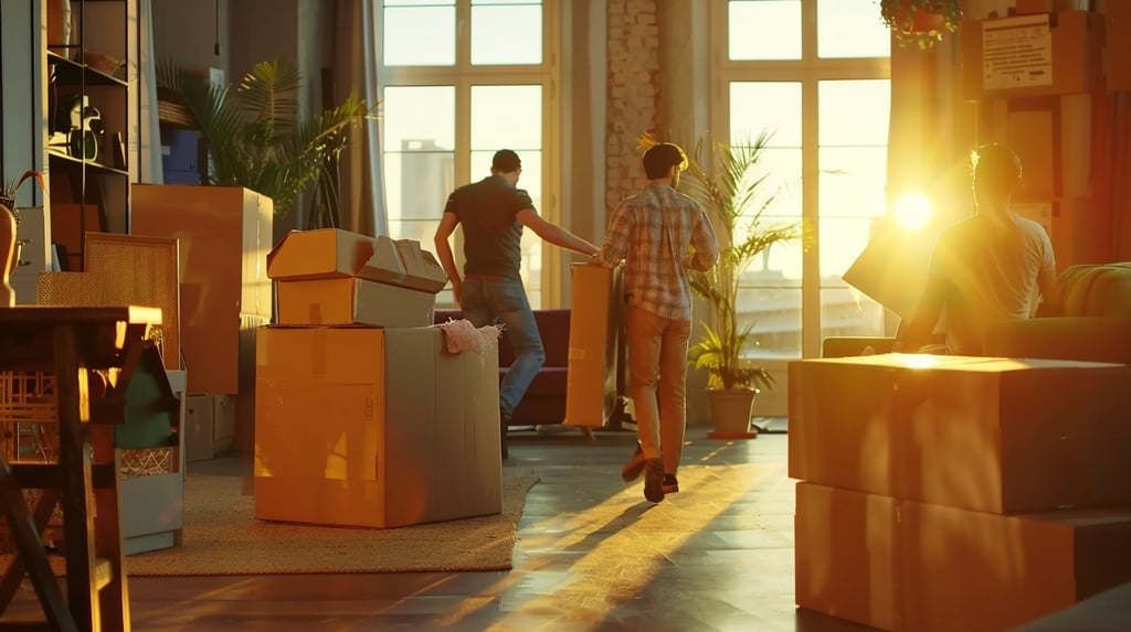 two men carrying boxes in a room