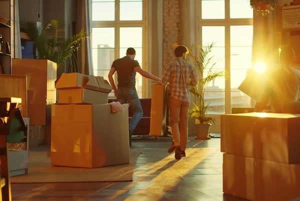 two men carrying boxes in a room