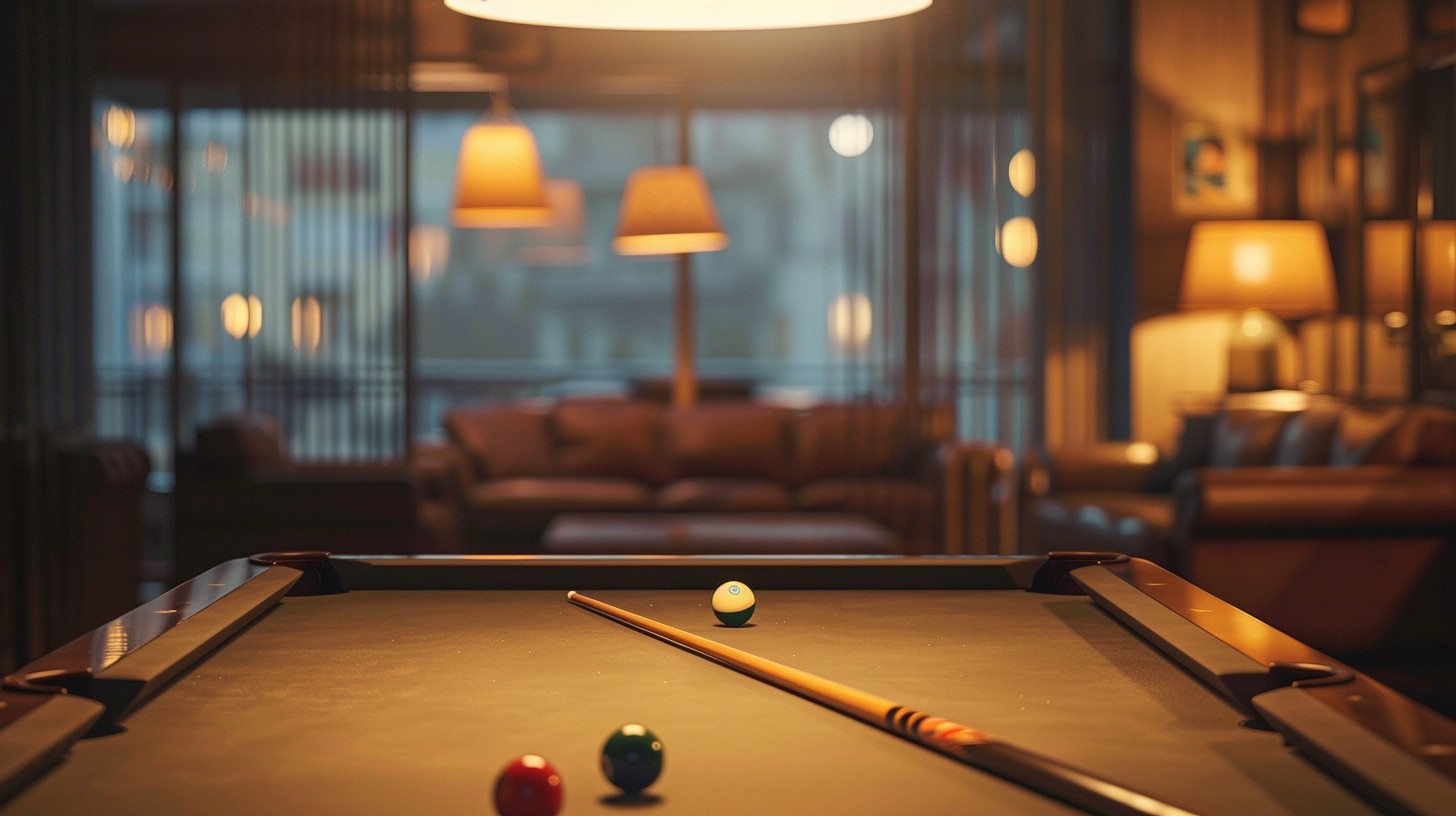 a pool table with balls and cue