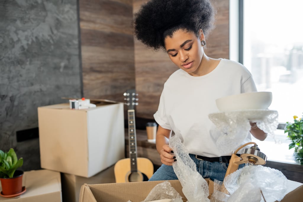Woman packing fragile items with bubble wrap for a move with OverEasyMovers' packing services Arcadia.