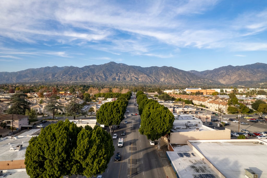 A scenic view of Arcadia, California, showcasing a tree-lined street with the San Gabriel Mountains in the background, perfect for local moving in Arcadia with OverEasyMovers.