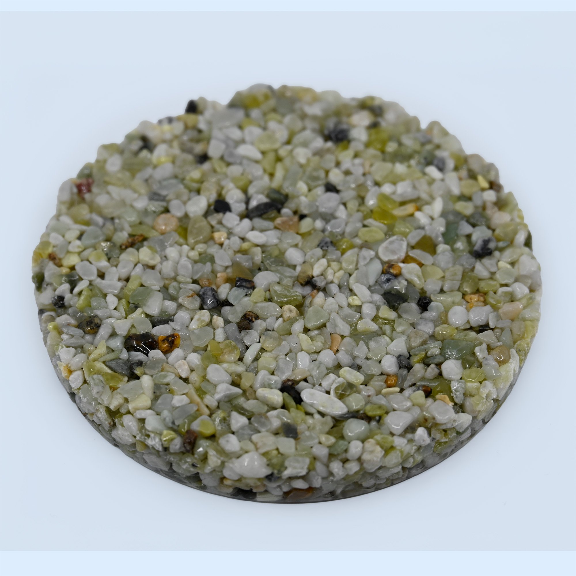 Jade Green Gravel Pebble Epoxy Blend Sample – Natural Green and Grey River Pebbles Bound in Epoxy