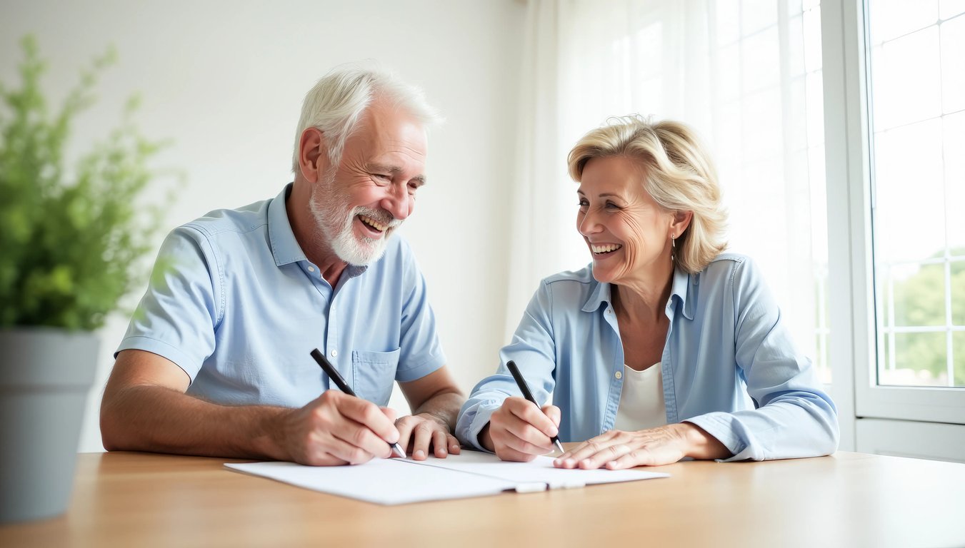 Older couple signing cash offer documents at their kitchen table after selling their Greenfield home to Spectrum Property Solutions.