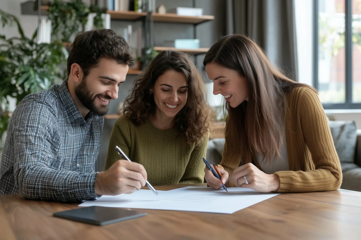 Siblings reviewing paperwork to sell their inherited house as-is for cash with Spectrum Property Solutions.
