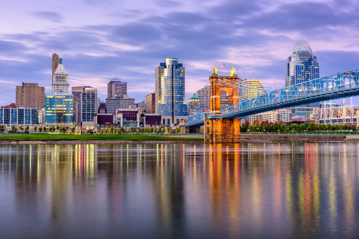 Cincinnati OH skyline and Roebling Suspension Bridge, representing the local area where Spectrum Property Solutions buys houses for cash.