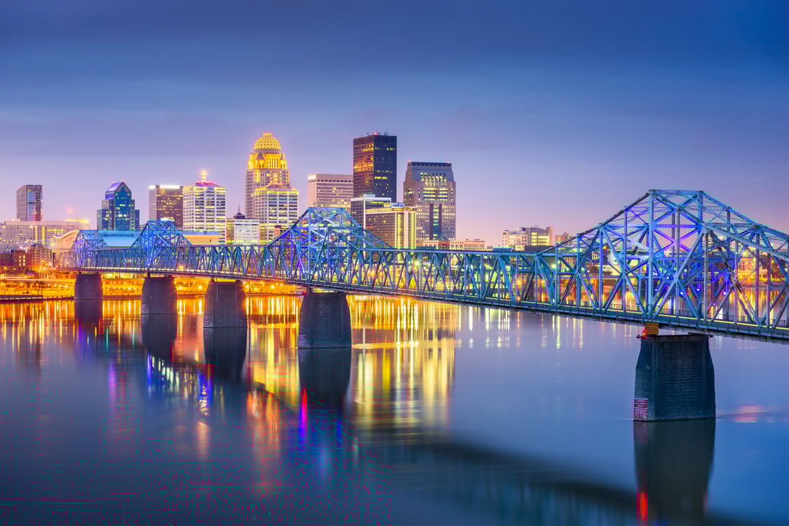Louisville Kentucky skyline and bridge over the Ohio River, representing the local area where Spectrum Property Solutions buys houses for cash.