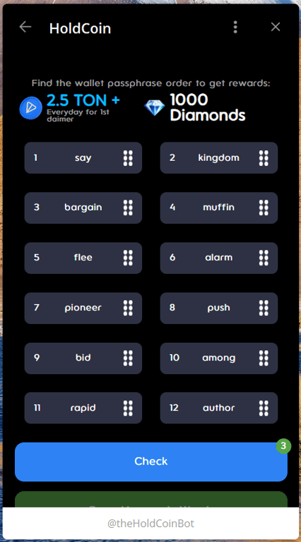 HoldCoin daily combo
