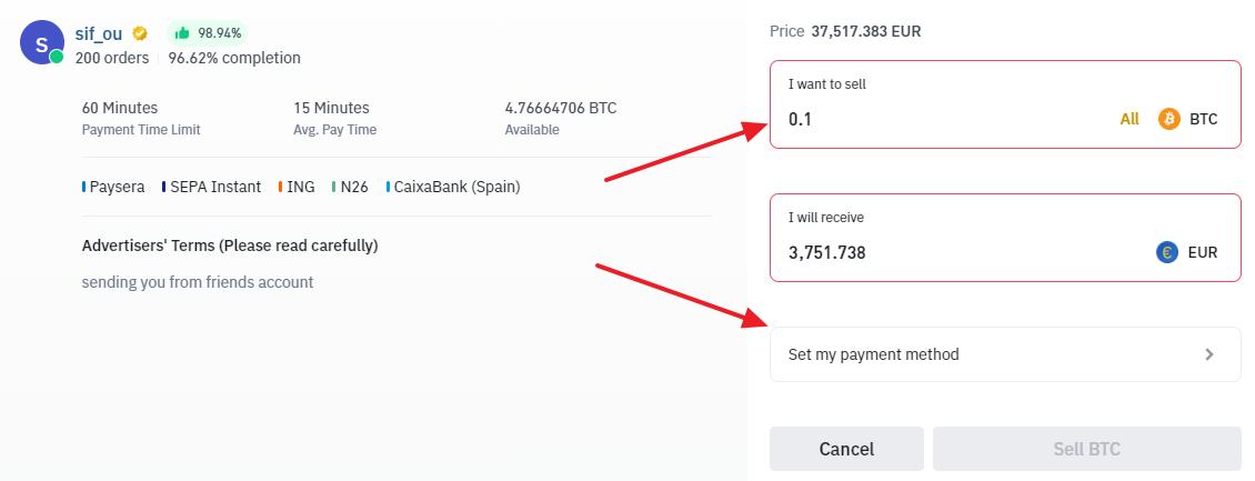 entering Bitcoin sell amount on Binance P2P