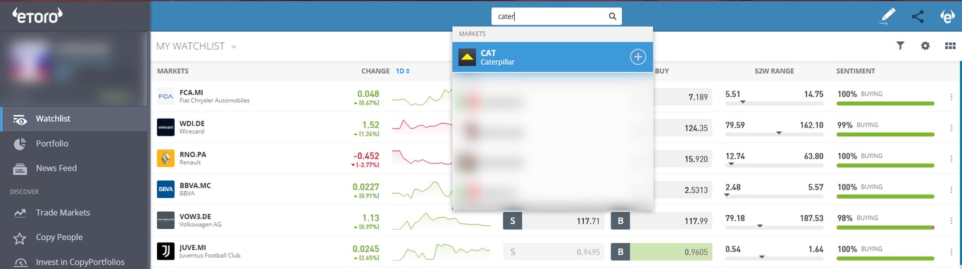 Find CAT on eToro