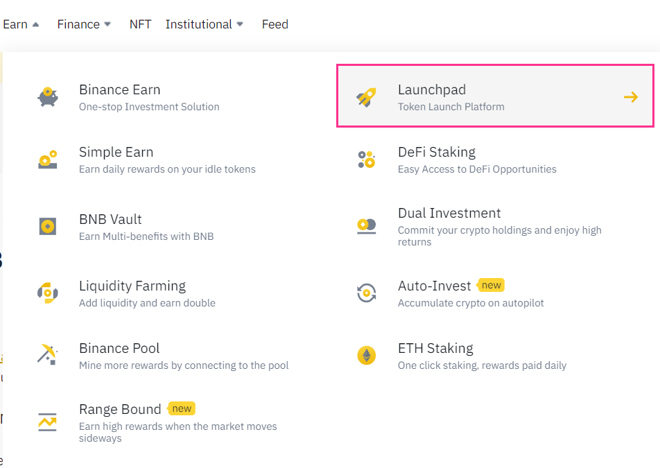 Binance menu