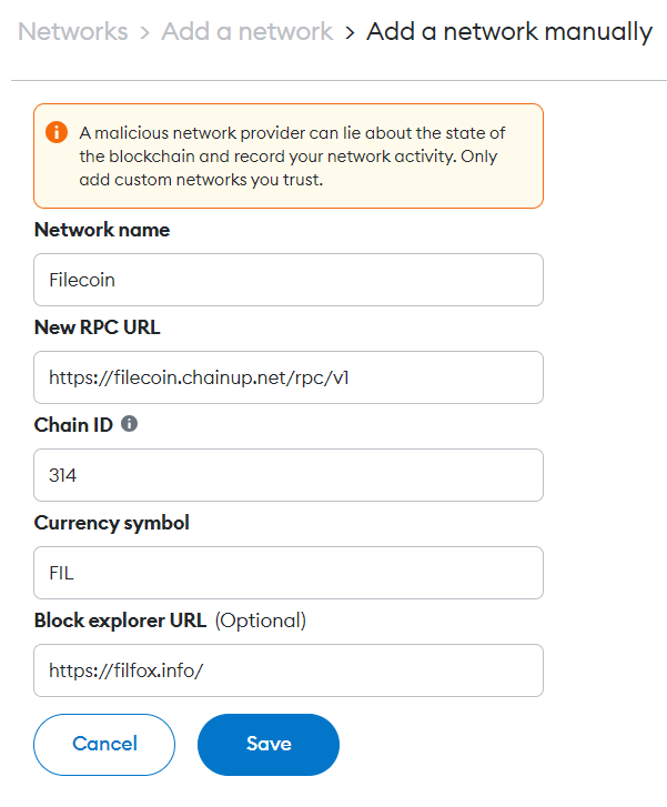 MetaMask add Filecoin