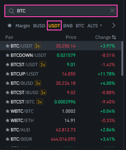 Binance trading pairs