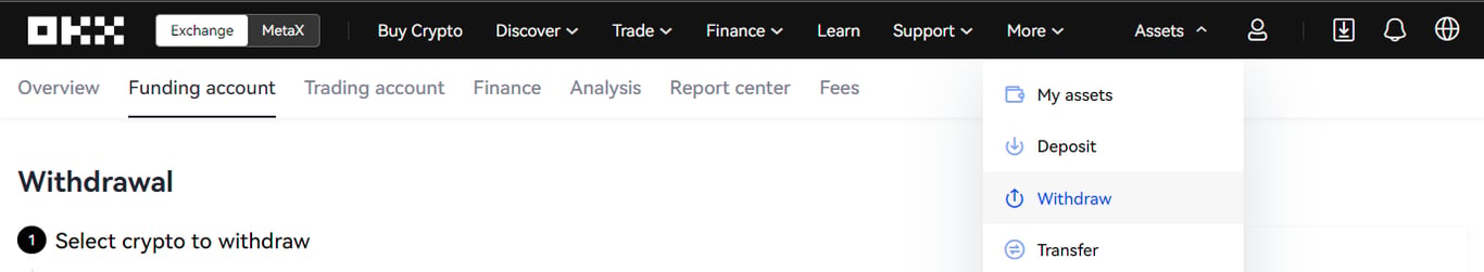 OKX's Assets drop down menu with Withdraw option highlighted
