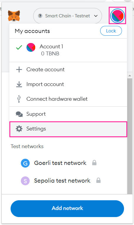 MetaMask settings