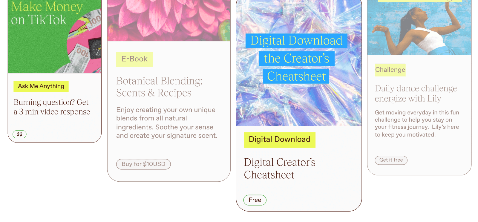 Image of example digital products sold on The Leap, including "How to make money on tik tok" and "The Creator Cheatsheet"