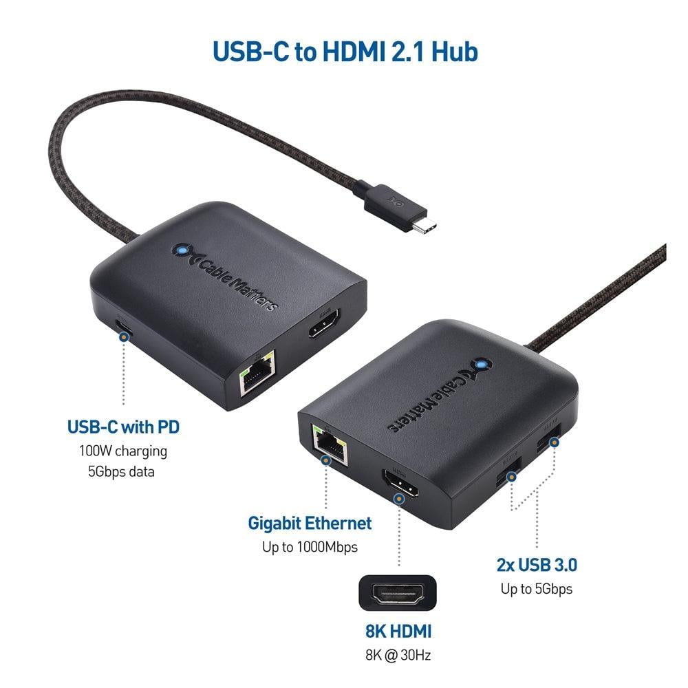 Docking, Multi adaptador USB-C a 8K HDMI 2.1, 2x USB 3.0, Gigabit Ethernet  y Power Delivery 100W, Cable Matters